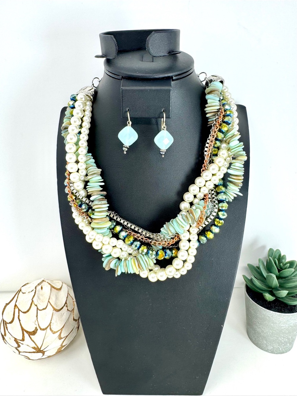 Multi-Strand Mint Pearl & Bead Statement Necklace with Matching Earrings